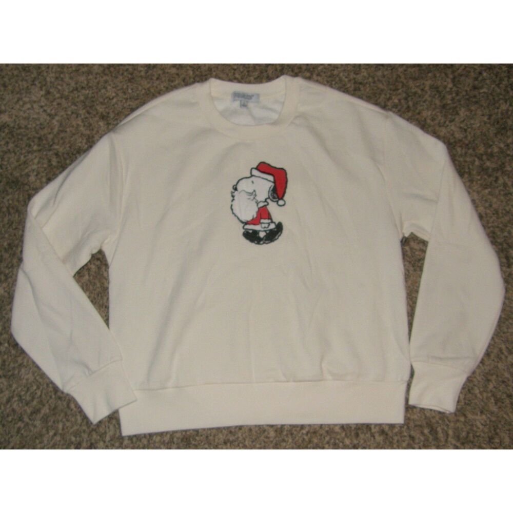 NEW Ivory White Sz Large Embroidered Santa SNOOPY Christmas Sweatshirt PEANUTS